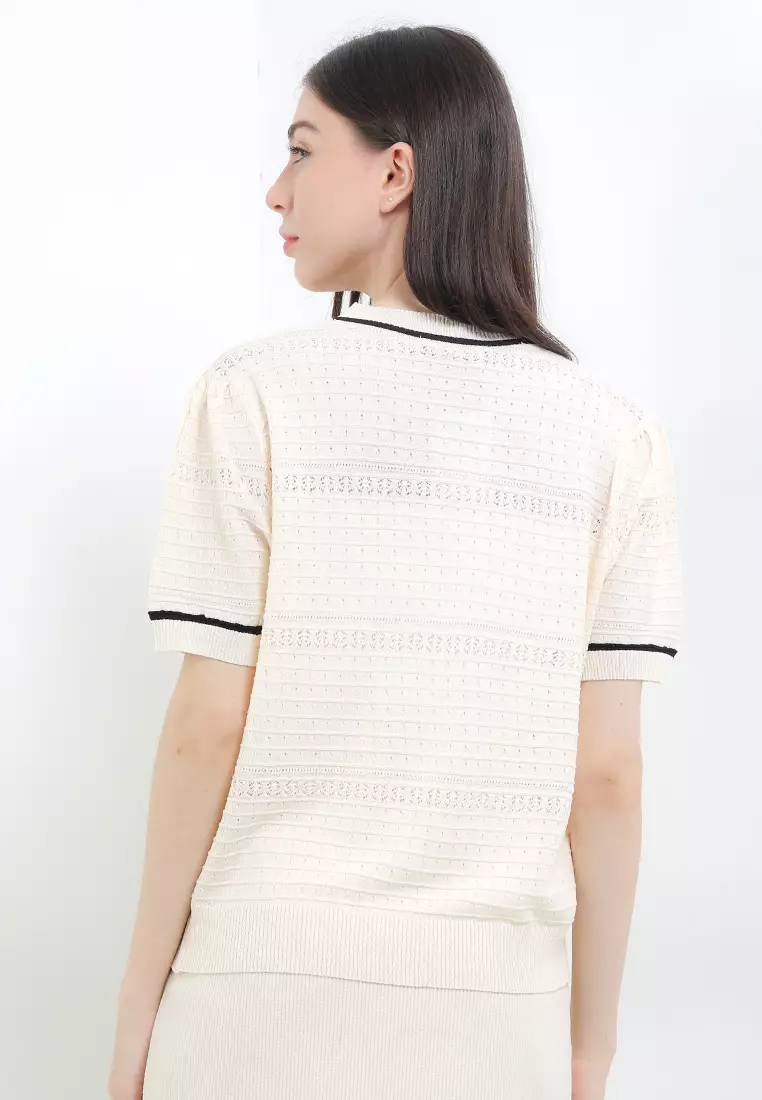 S/S Pointelle Knit Blouse With Beaded Bow