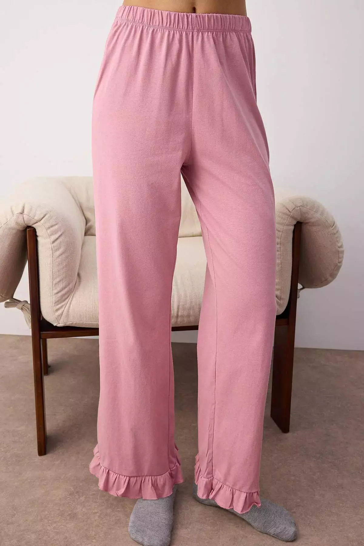 Dusty Rose 100% Cotton Ruffle Knitted Pajama Set Thmaw26Pt00057