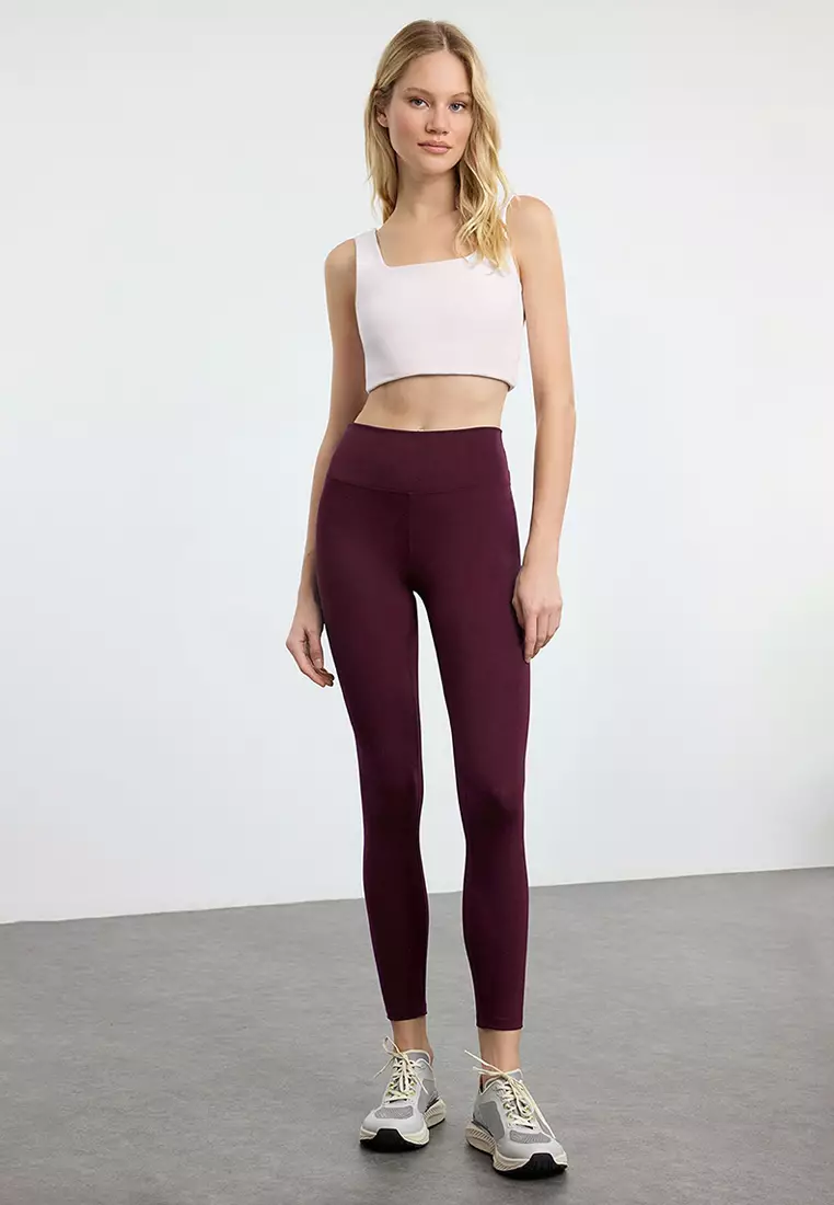 Claret Red Soft Brushed Fabric Reflective Print Detail Full Length Knitted Sports Tights THMAW25TY00020