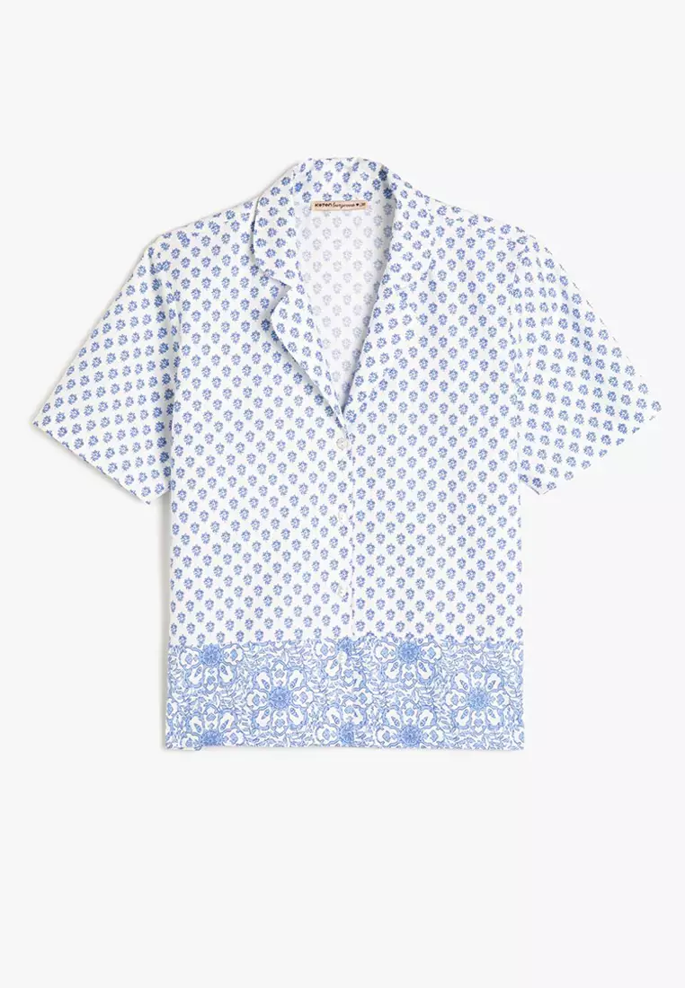 Pajama Top Short Sleeve Shirt Button Collar Cotton