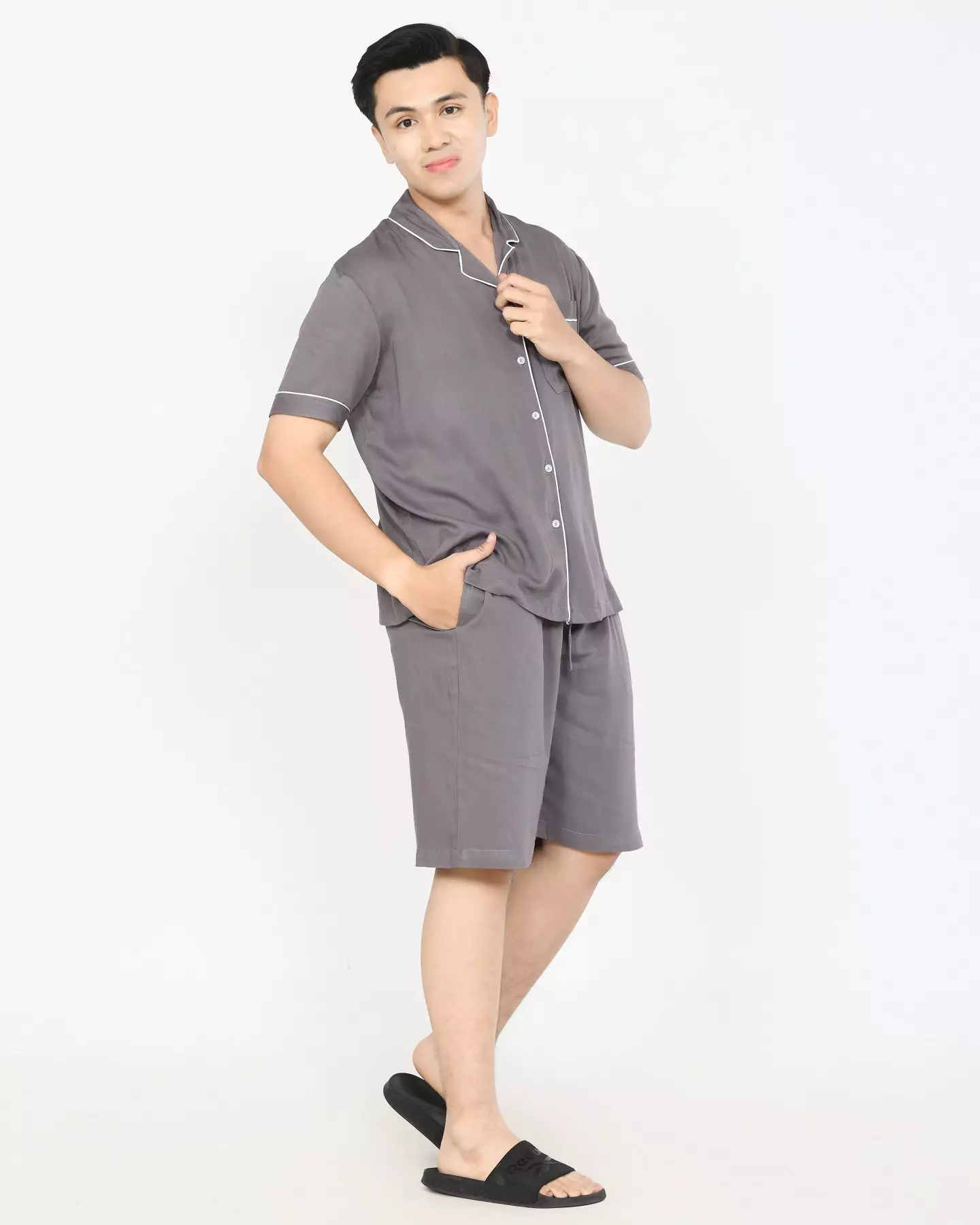 Setelan Piyama Lengan Pendek Dio [ABU-ABU] Baju Tidur Katun Pria Size L-XXL Polos