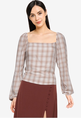 Abercrombie & Fitch brown Long Puff Sleeves Plaid Top B4570AACFEA410GS_1