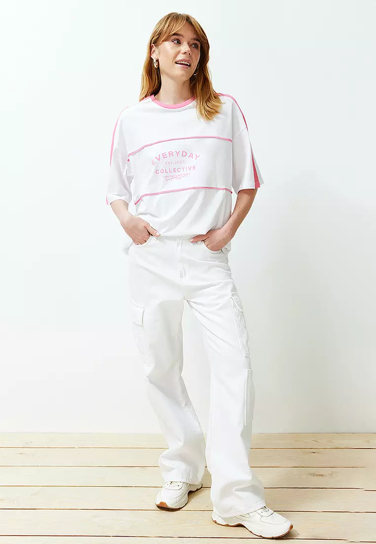 White Color Block Slogan Oversize/Wide Fit Knitted T-Shirt
