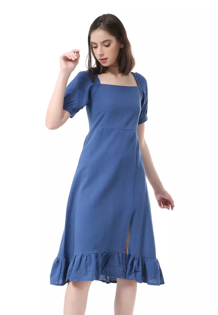 Rachel Midi Dress Rample Wanita Vintage Bottom Lengan Pendek Material Linen ORIGINAL - Navy