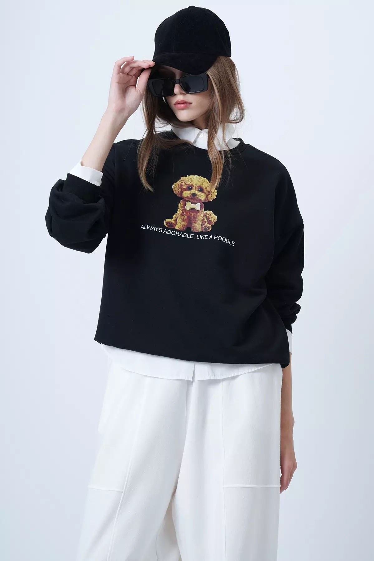 Women'S Black Front Printed Oversize Cotton Sweatshirt Alc-X14651