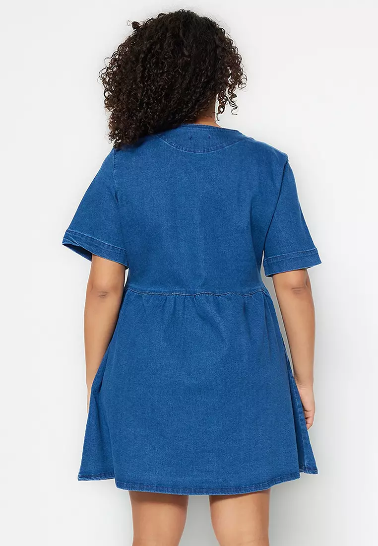 Plus Size V-Neck Denim Mini Dress