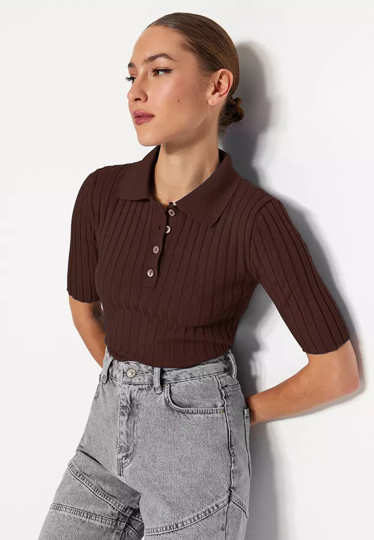 Brown Basic Polo Neck T-Shirt Look Knitted Thin Blouse TWOSS20BZ0112