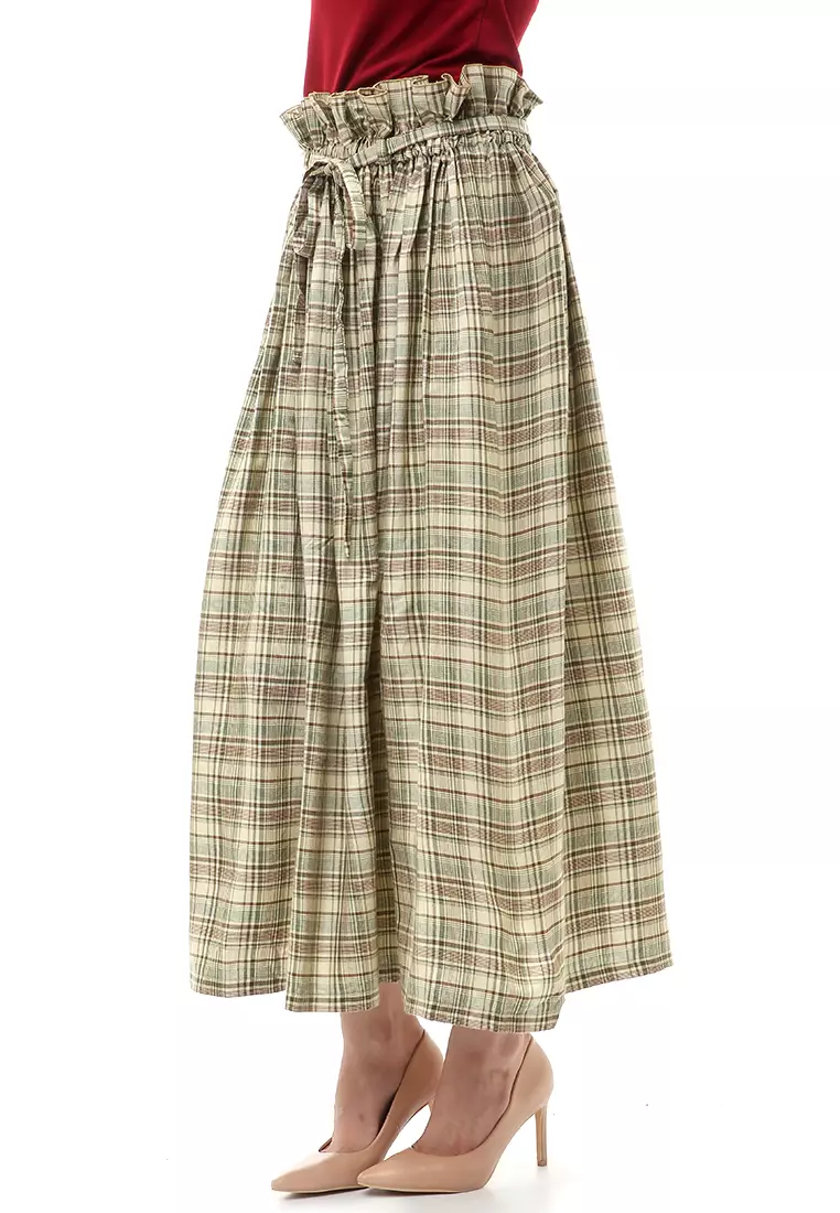 Amel Long Skirt Bawahan Wanita Motif Kotak-Kotak Regular Fit - Cream