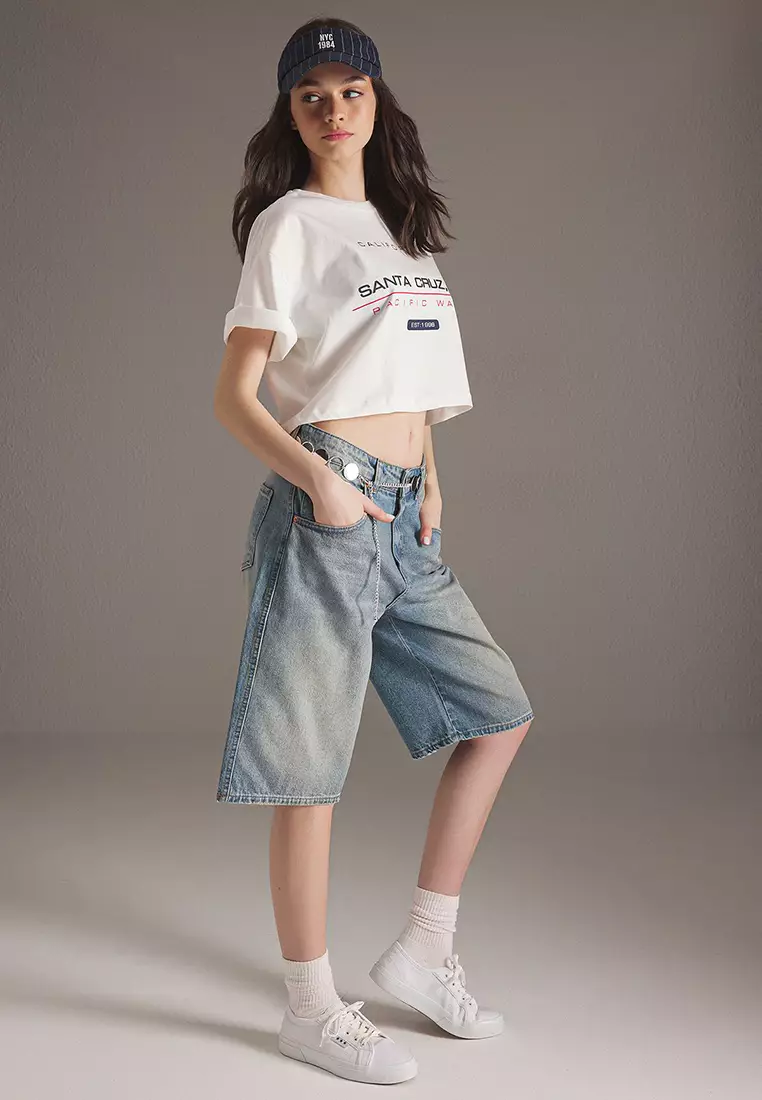 Blue Faded Effect Vintage Mid Waist Denim Bermuda Twoss25Sr00150