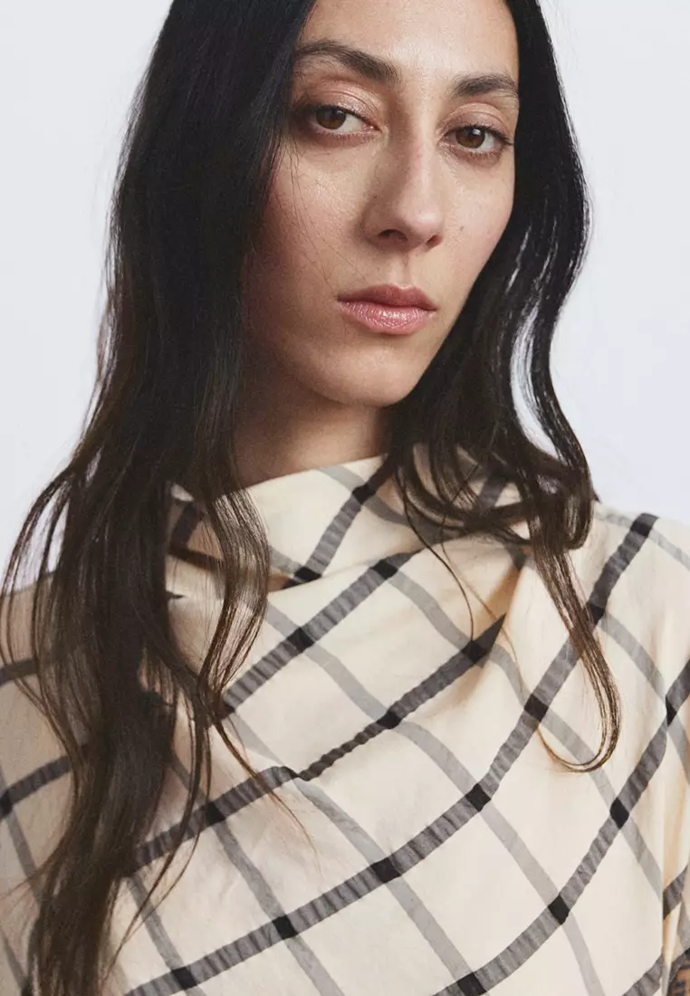 Check Dress With Draped Collar