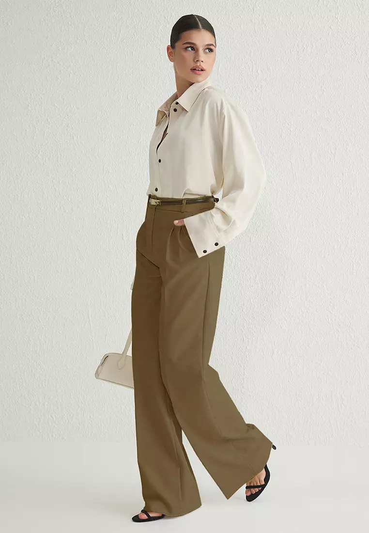 Khaki Pleated Wide Leg Trousers TWOAW25PL00109