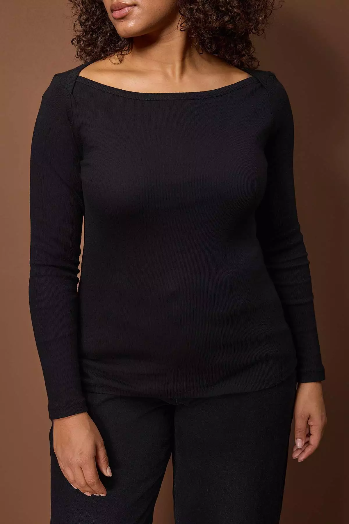 Black Boat Neck Fitted Ribbed Knit Knitted Plus Size Blouse Tbbaw26Af00093