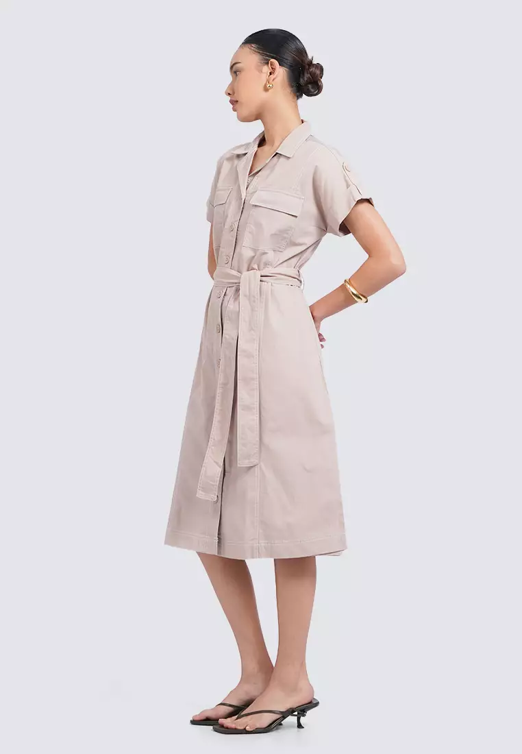 Belted Midi Dress with Double Pocket TAUPE