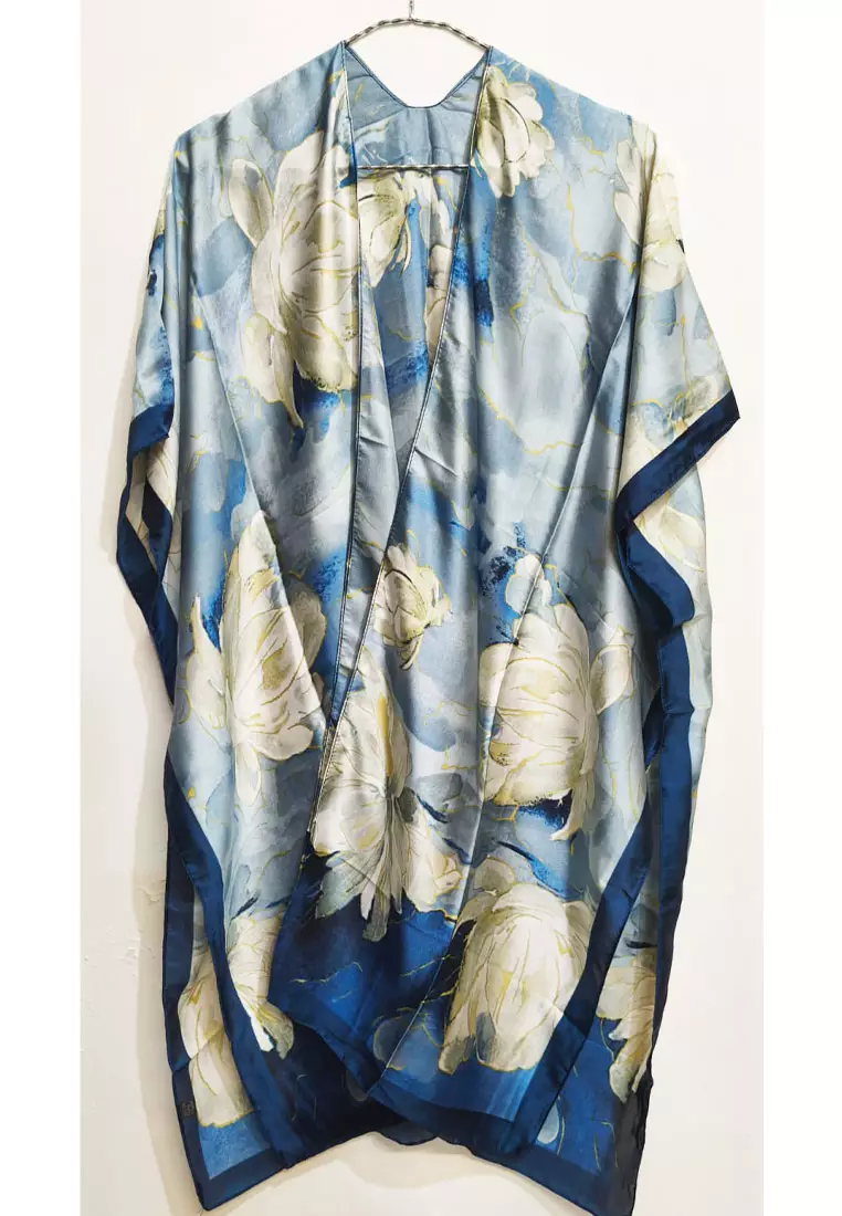 Aksesoris Wanita Magnolia Print Outer Syal Wanita Sky Blue