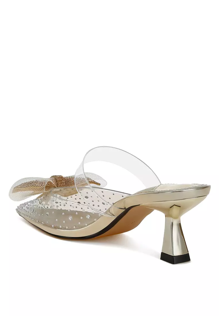 Embellished Bow Kitten Heels in Gold