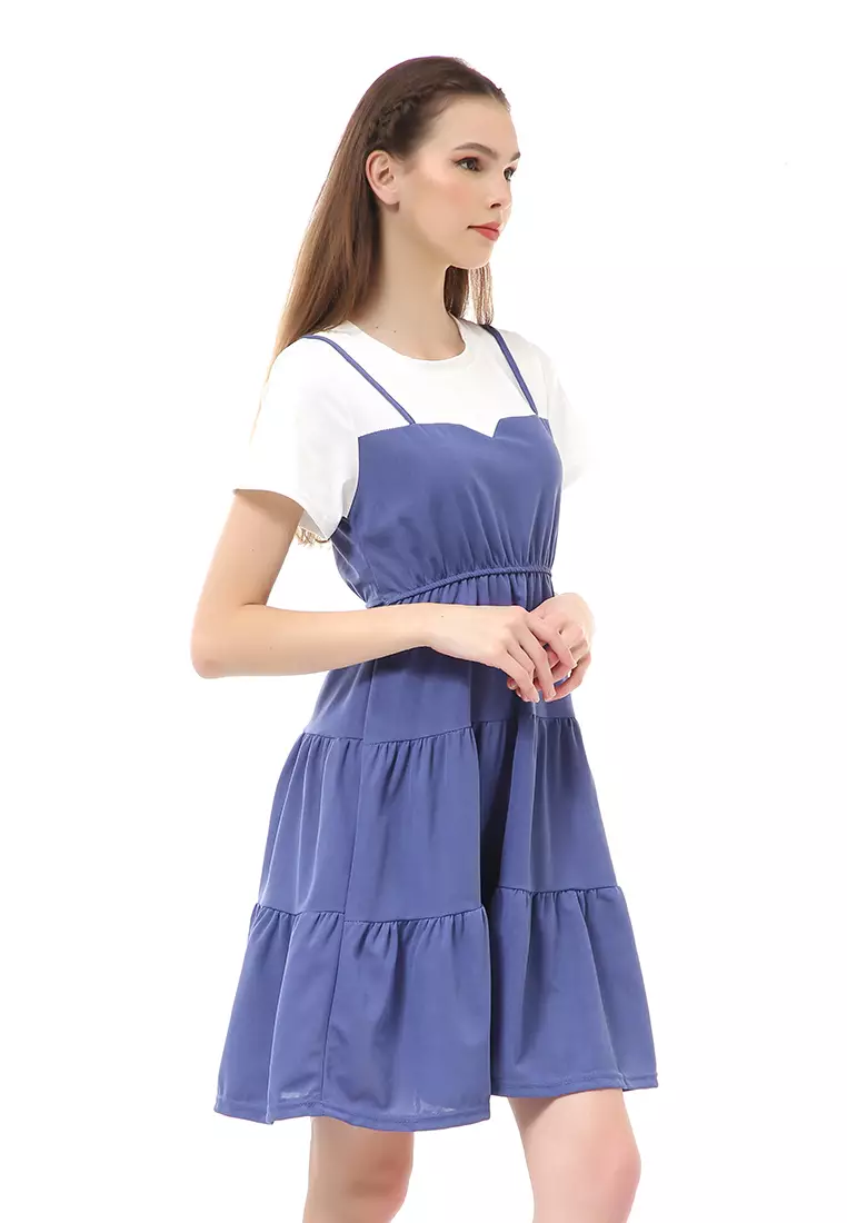 Rachel Midi Dress Wanita Lengan Pendek Model Menyatu Korean Style Material Cotton ORIGINAL - Blue