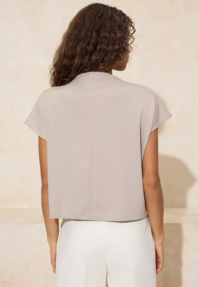 Stone Regular/Normal Fit Mock Neck Accessory Detailed Crop Soft Touch Knitted Blouse Twoss26Bz21