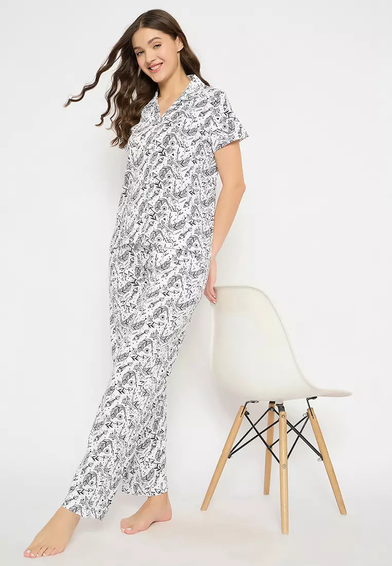 Clovia Printed Button Down Shirt & Pyjama Set in White - 100% Cotton
