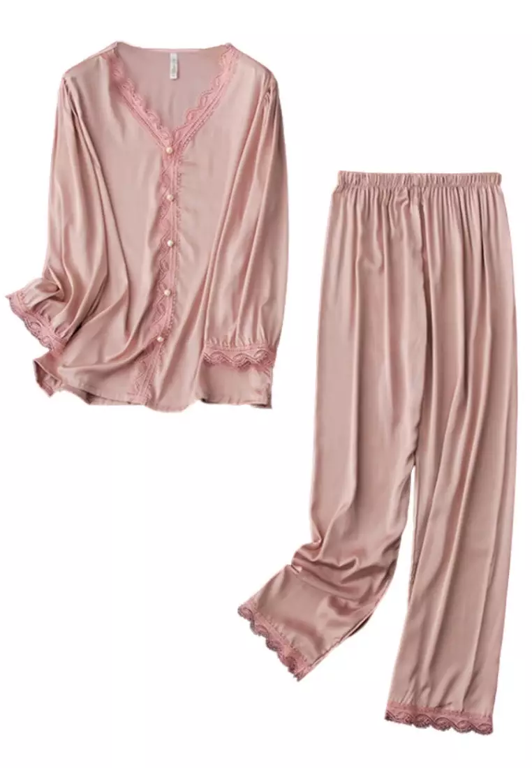 Basic Silk Pajama Long Pants Set Lounge Wear Sleepwear