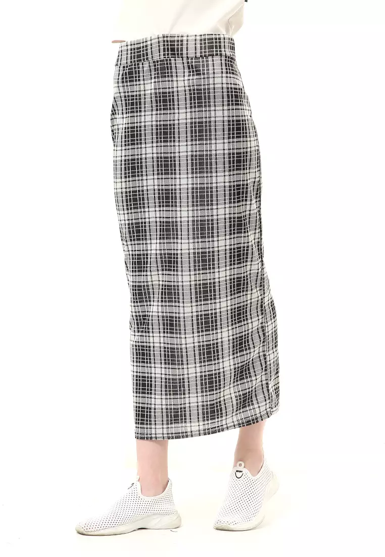 Malina Rok Span Tartan Bawahan Wanita All Size Motif Kotak High Quality - Putih