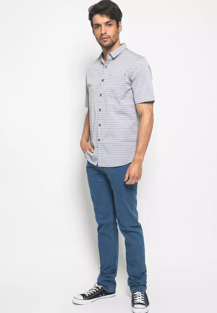 Johnwin - Kemeja Casual - Kemeja Pria - Kemeja Salur - Kemeja Abu - Slim Fit - ASH.670.K880.785.C