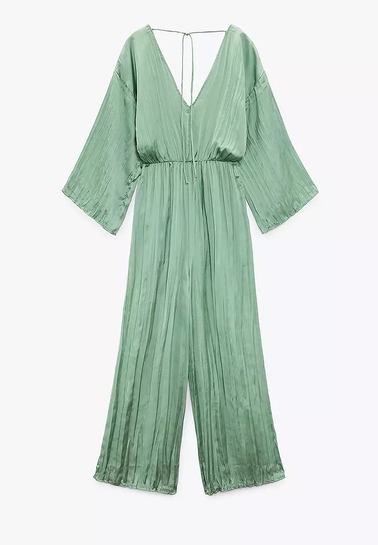 Zara green jumpsuit pleated on sale