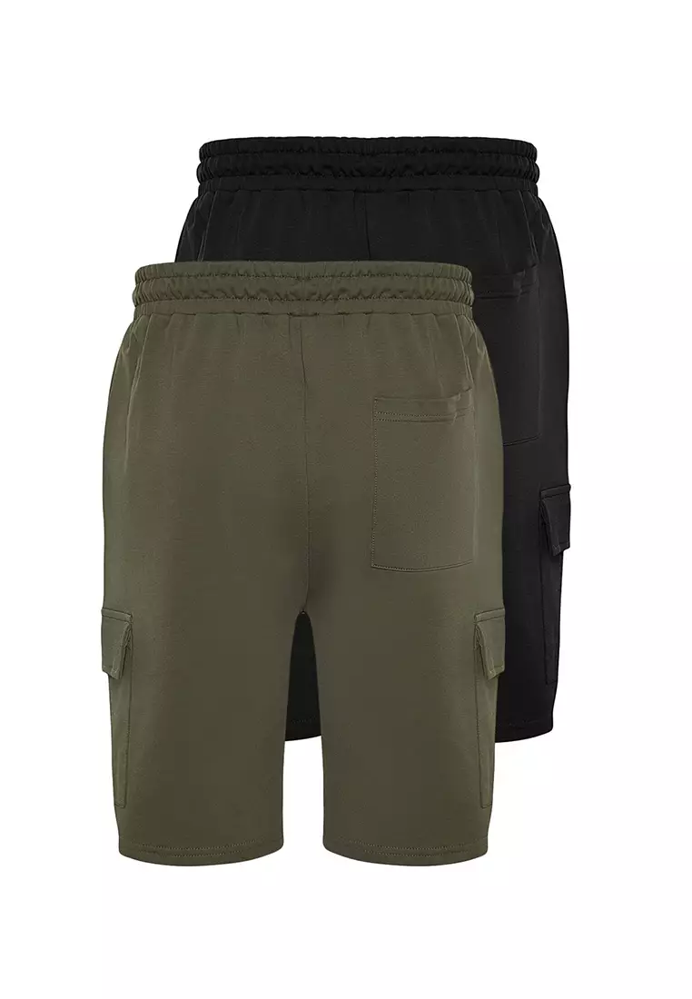 Basic Black-Khaki 2 Pack Regular Cut Cargo Pocket Drawstring Elastic Waist Shorts TMNSS24SR00041