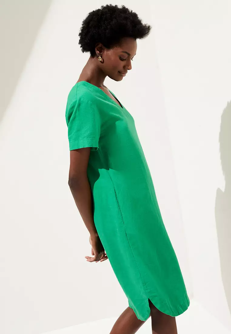 Linen Rich V-Neck Midi Shift Dress