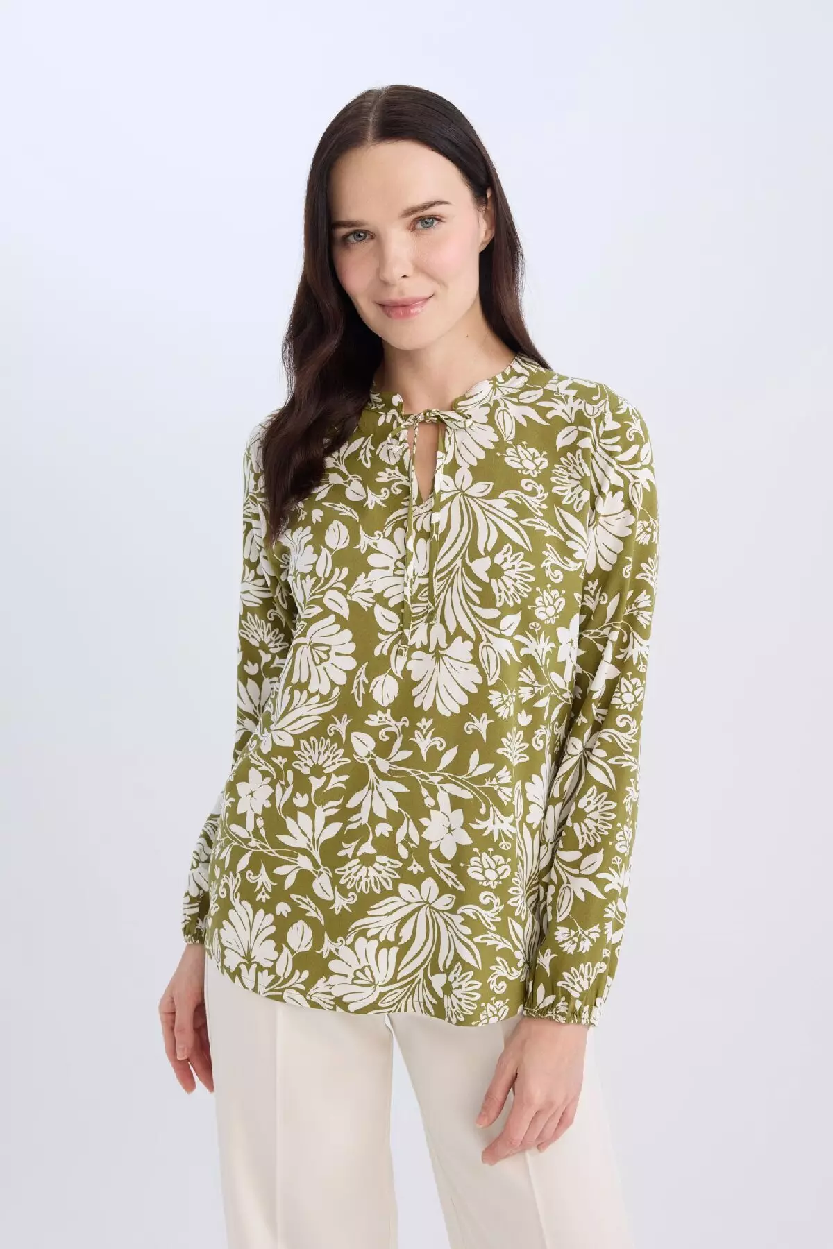 Regular Fit Lace-Up Collar Patterned Long Sleeve Blouse N1809Az25Sp