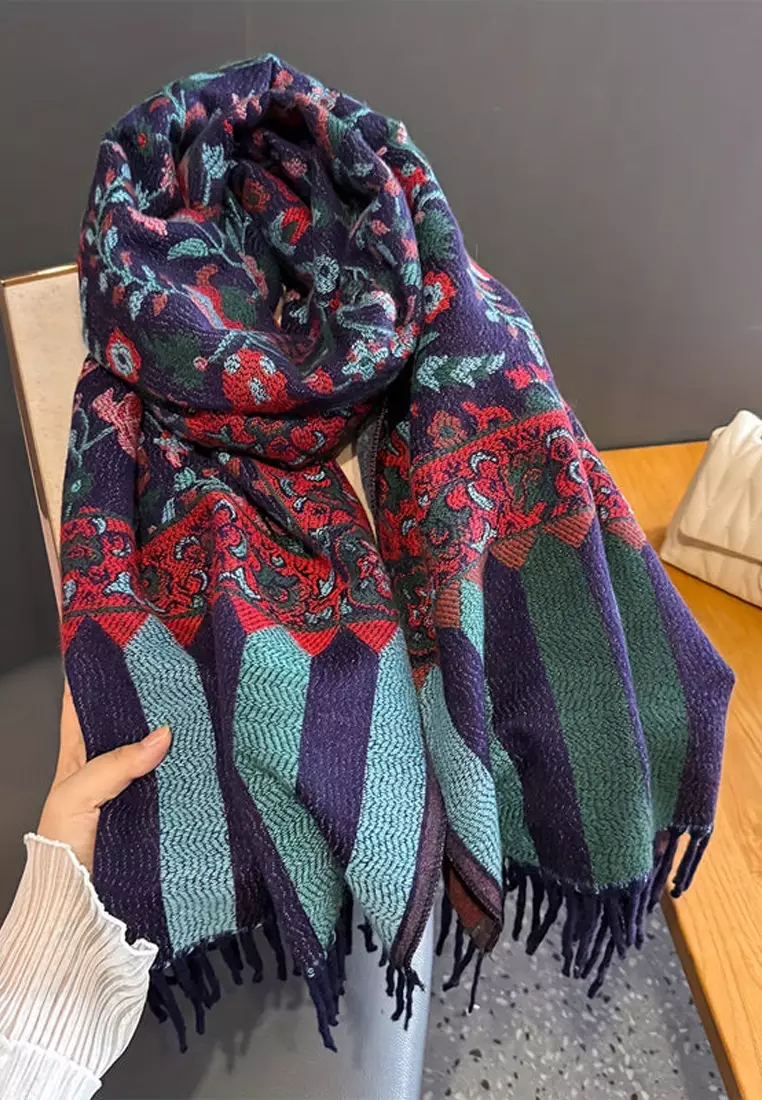 Syal Wanita Reversible Paisley Pattern Cashmere Pashmina Shawl Dusky Garnet