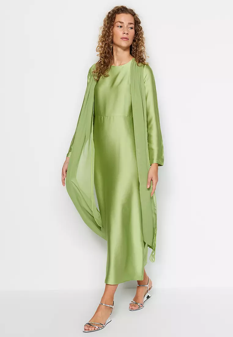 Green Flight Satin Evening Dress