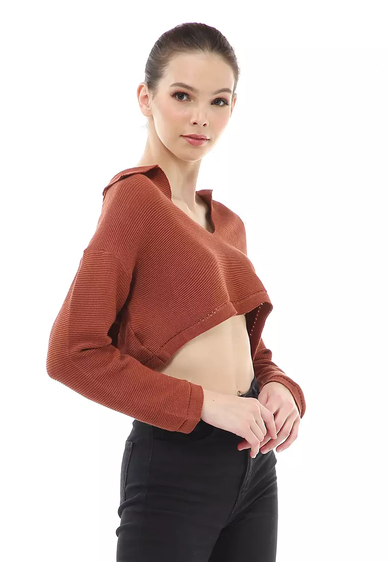 Albertine Atasan Crop Wanita Lengan Panjang Blouse Vneck Motif Polos Material Rajut ORIGINAL - Brown