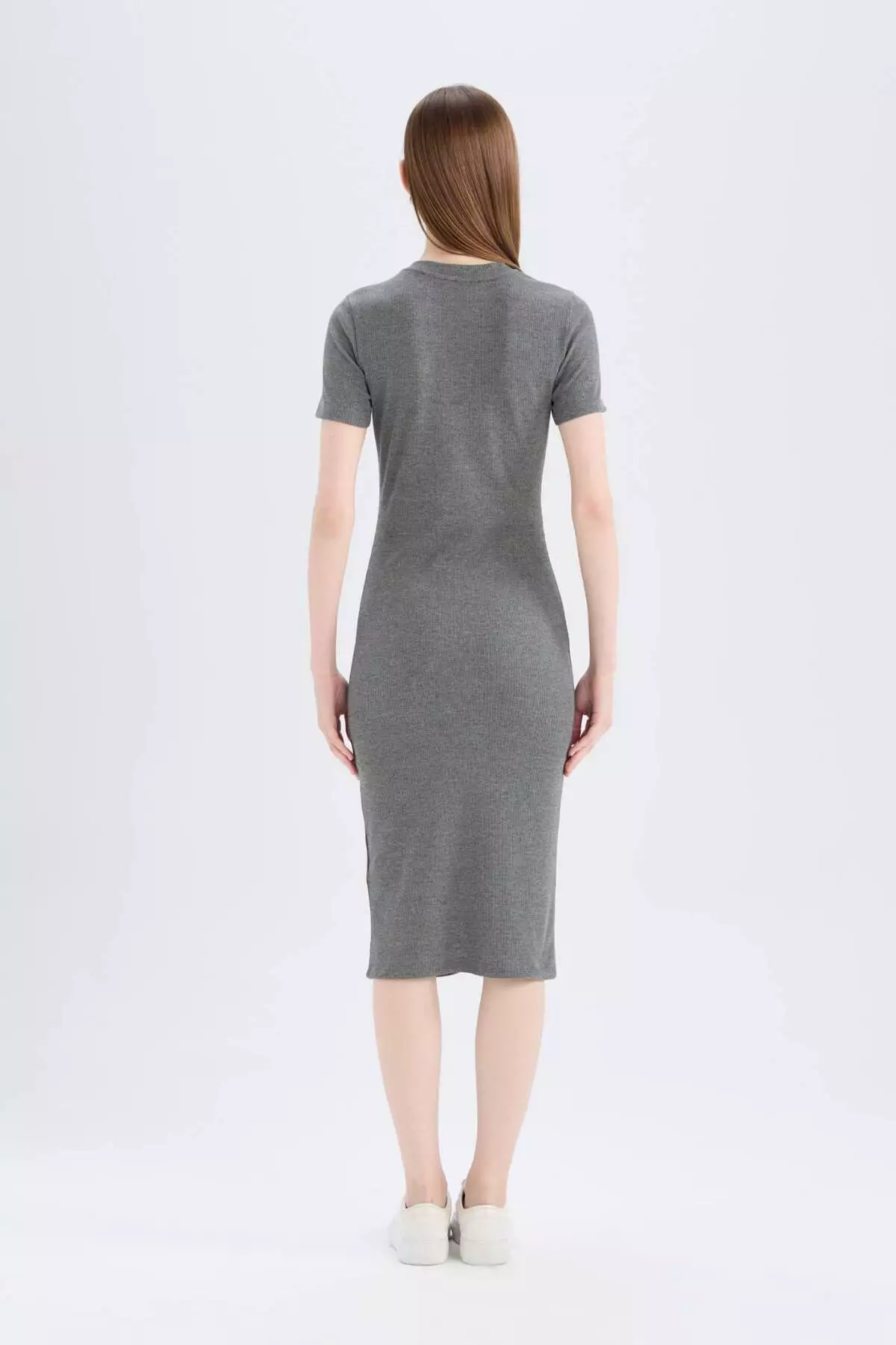 Bodycon Body Hugging Crew Neck Basic Plain Ribbed Camisole Short Sleeve Midi Dress E6926Ax25Sp