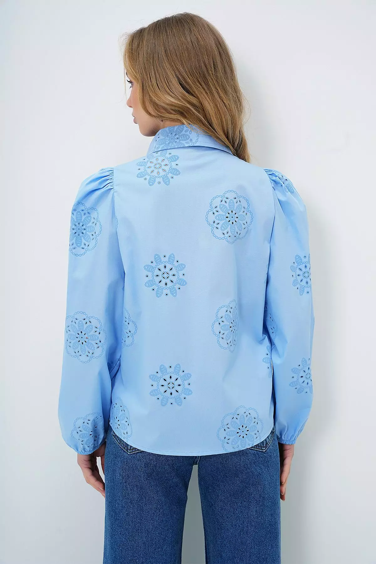 Women's Baby Blue Guipure Woven Premium Shirt Alc-X4366