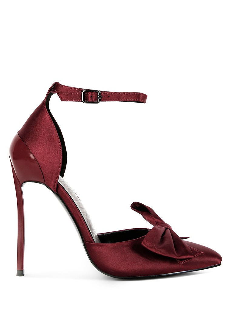 Burgundy High Heeled Satin Bow Sandals