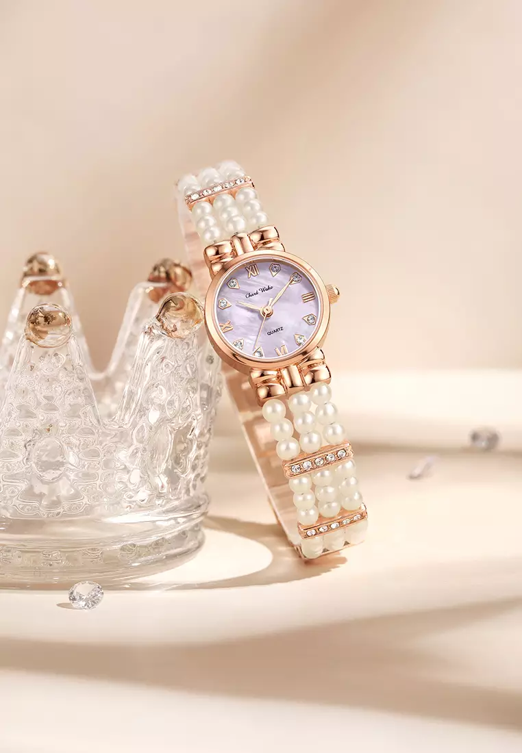 Jam Tangan Wanita Gelang Anti Air Original Fashion Korea Tali Mutiara Jam Tangan Cewek rose purple