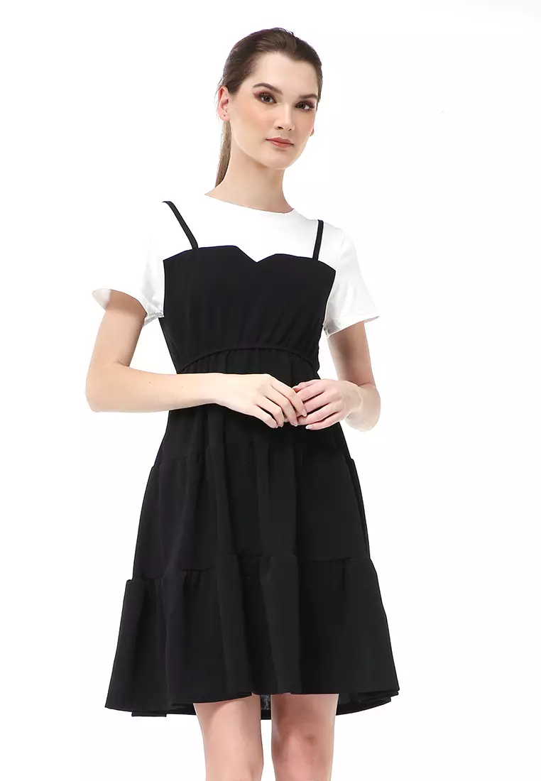 Rachel Midi Dress Wanita Lengan Pendek Model Menyatu Korean Style Material Cotton ORIGINAL - Black