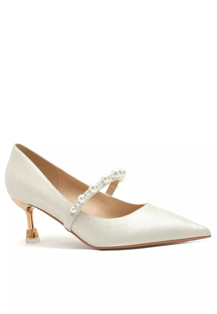 Discount on Twenty Eight Shoes  shoes - SKU: 6cm Pearl Strap Satin Fabric Pumps 2170-8