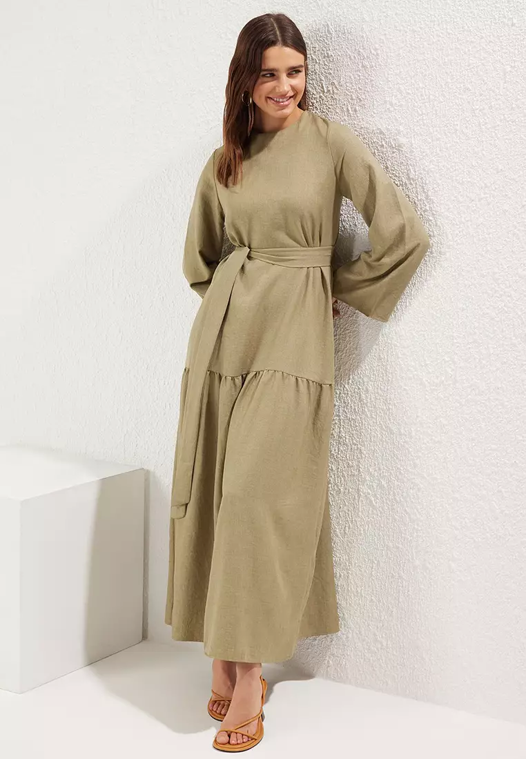 Khaki Belted Linen Look Woven Dress TCTSS25EB00059