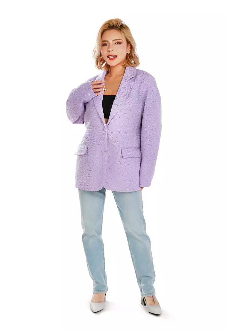 Blazer Kebesaran Berhias Payet dalam Warna Lilac