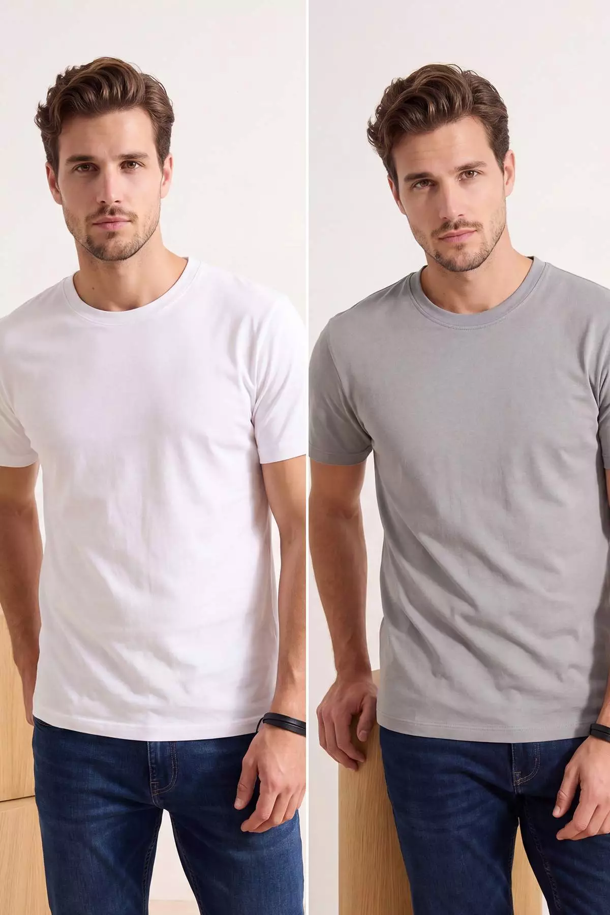 Gray- Ecru Oversized Pack Of 2 Basic 100% Cotton T-Shirts Tmnss24Ts00038