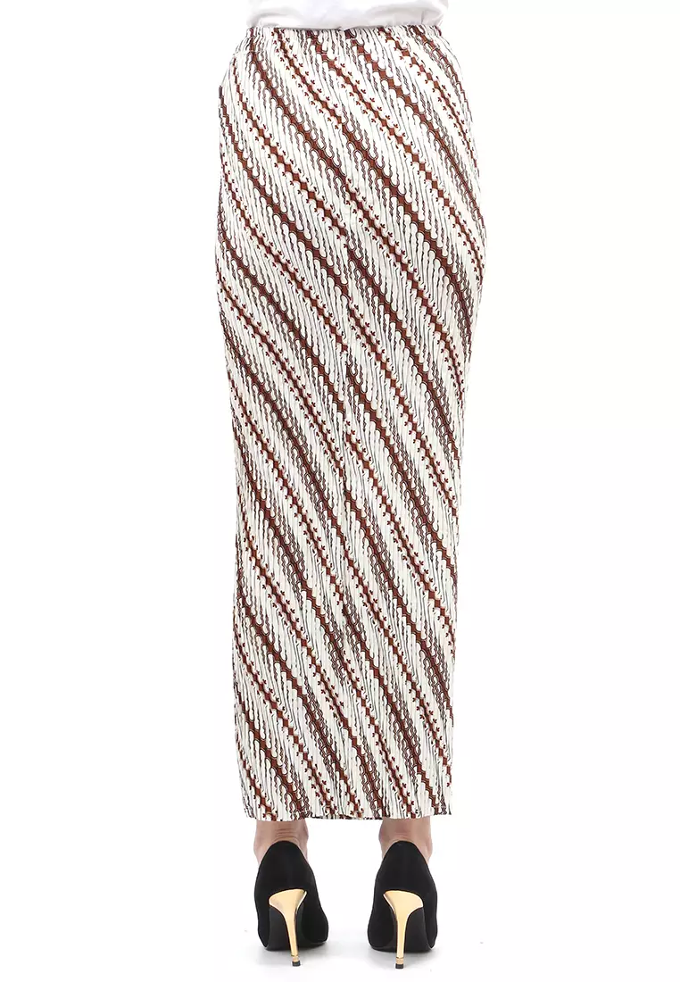 Rok Plisket Motif Batik Bawahan Wanita Design Casual - Parang Putih Coklat