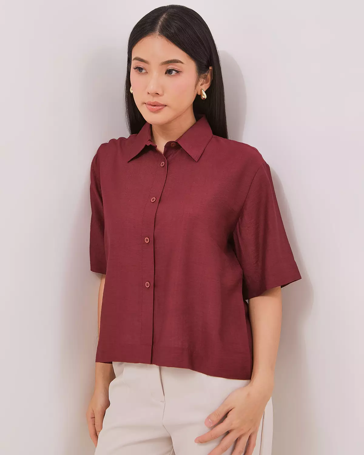 MAROON RED SHORT-SLEEVED BLOUSE FOR WOMEN