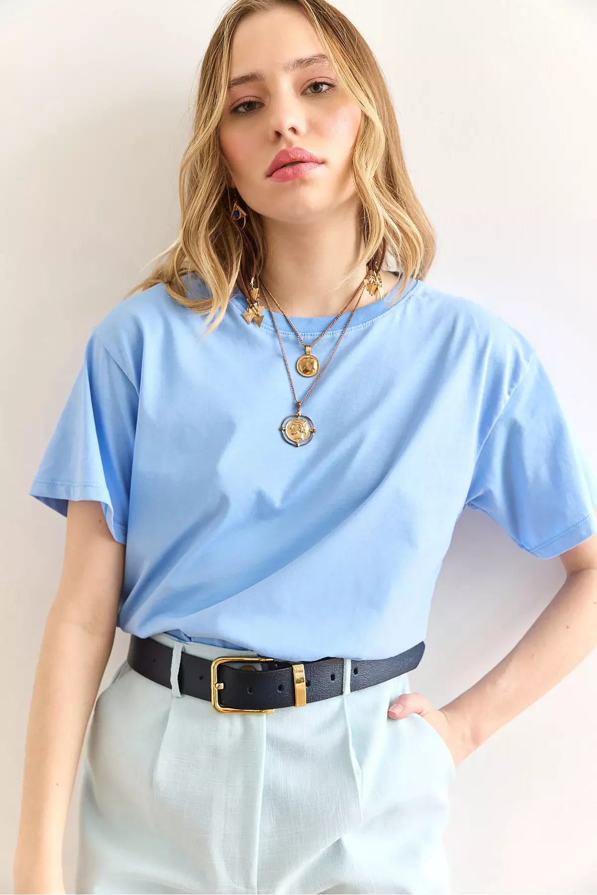 Women's Baby Blue Crew Neck Basic T-Shirt Tsh-19000774