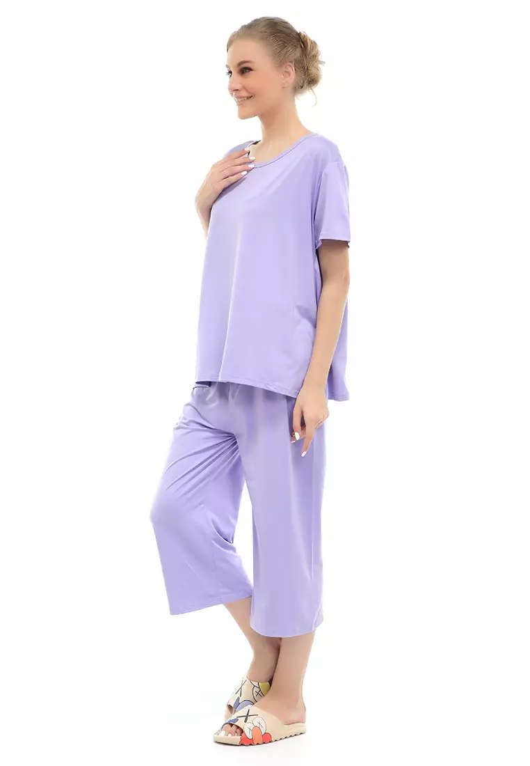 Vance Setelan Piyama Baju Tidur Wanita Celana Pendek 7/8 Material Spandex ORIGINAL - Lilac