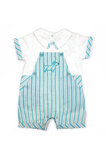Toffyhouse grey and white and blue Toffyhouse Boys' Best Friend blue & grey striped romper 96DC3KAFA5E64DGS_1