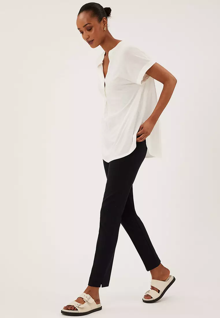 Jersey V-Neck Short Sleeve Popover Blouse