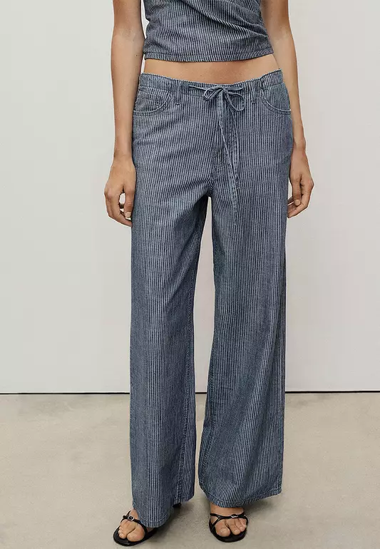 Wide Leg Denim Trousers With Belt