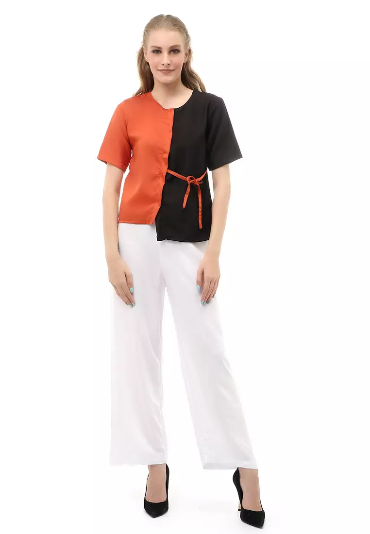 Cheva Blouse Wanita Kasual Zigzag Tali Ikat Samping Kombinasi 2 Warna Material Moscrepe ORIGINAL