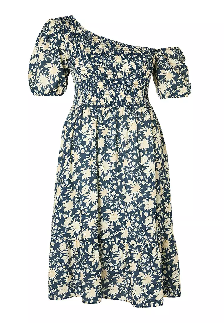 Emerald Green Floral Gipel Asymmetrical Collar Balloon Sleeve Woven Plus Size Dress TBBSS25AH00027